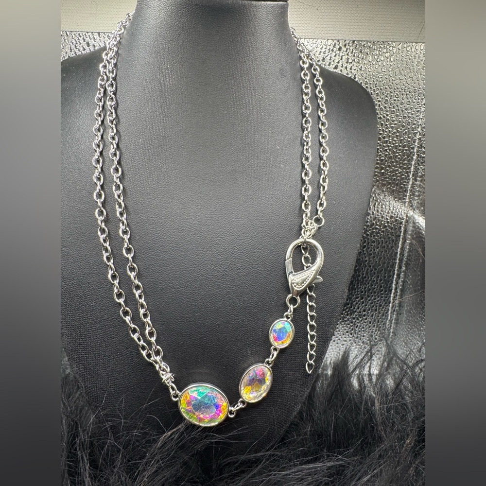 Iridescent Multi-Color Pendant Necklace in Silver - Women Jewelry